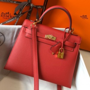 Hermes Kelly 25cm Sellier Bag in Red Epsom Leather with GHW