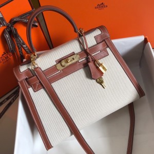 Hermes Kelly 28cm Sellier Bag in Canvas with Barenia Leather 