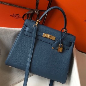 Hermes Kelly 28cm Retourne Bag in Blue Agate Clemence Leather with GHW