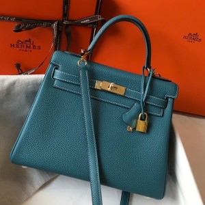 Hermes Kelly 28cm Retourne Bag in Blue Jean Clemence Leather with GHW