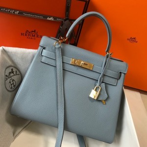 Hermes Kelly 28cm Retourne Bag in Blue Lin Clemence Leather with GHW