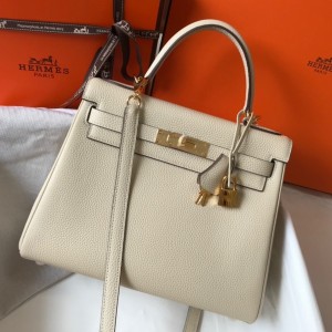 Hermes Kelly 28cm Retourne Bag in Craie Clemence Leather with GHW