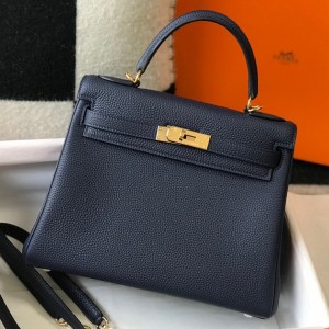 Hermes Kelly 28cm Retourne Bag in Navy Blue Clemence Leather with GHW