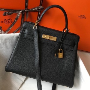 Hermes Kelly 28cm Retourne Bag in Black Clemence Leather with GHW