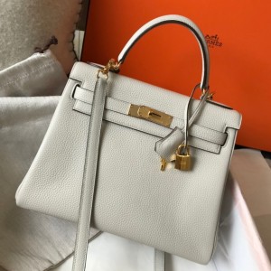 Hermes Kelly 28cm Retourne Bag in Pearl Grey Clemence Leather with GHW