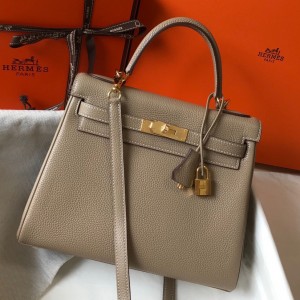 Hermes Kelly 28cm Retourne Bag in Tourterelle Clemence Leather with GHW