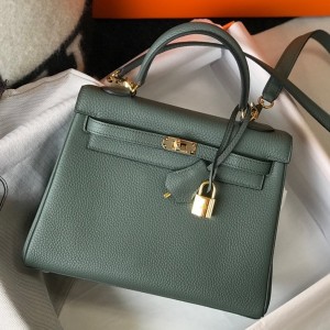 Hermes Kelly 28cm Retourne Bag in Vert Amande Clemence Leather with GHW