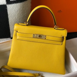Hermes Kelly 28cm Retourne Bag in Yellow Clemence Leather with GHW
