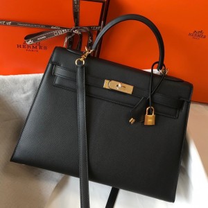 Hermes Kelly 28cm Sellier Bag in Black Epsom Leather with GHW