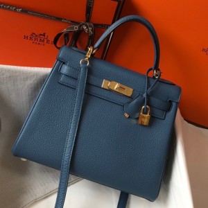 Hermes Kelly 32cm Retourne Bag in Blue Agate Clemence Leather with GHW