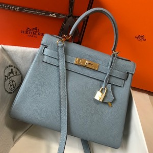 Hermes Kelly 32cm Retourne Bag in Blue Lin Clemence Leather with GHW