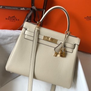 Hermes Kelly 32cm Retourne Bag in Craie Clemence Leather with GHW