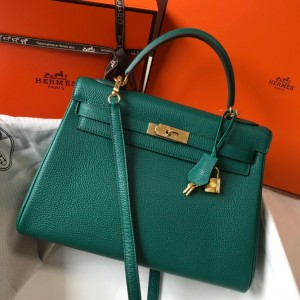 Hermes Kelly 32cm Retourne Bag in Malachite Clemence Leather with GHW
