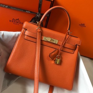 Hermes Kelly 32cm Retourne Bag in Orange Clemence Leather with GHW