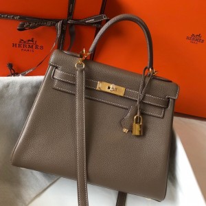 Hermes Kelly 32cm Retourne Bag in Taupe Clemence Leather with GHW