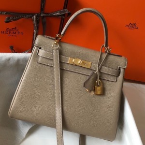 Hermes Kelly 32cm Retourne Bag in Tourterelle Clemence Leather with GHW