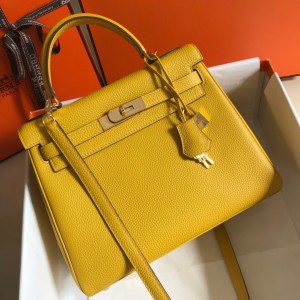 Hermes Kelly 32cm Retourne Bag in Yellow Clemence Leather with GHW