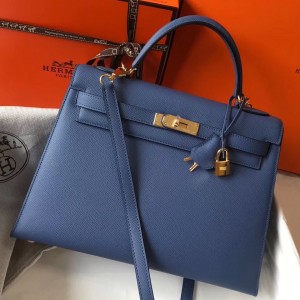 Hermes Kelly 32cm Sellier Bag in Blue Agate Epsom Leather with GHW