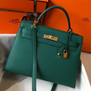 Hermes Kelly 32cm Sellier Bag in Malachite Epsom Leather with GHW
