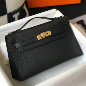 Hermes Kelly Pochette Clutch In Black Epsom Leather