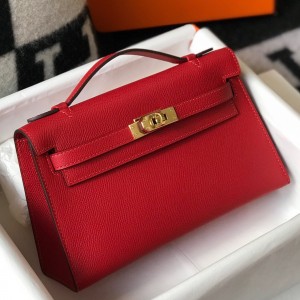 Hermes Kelly Pochette Clutch In Red Epsom Leather