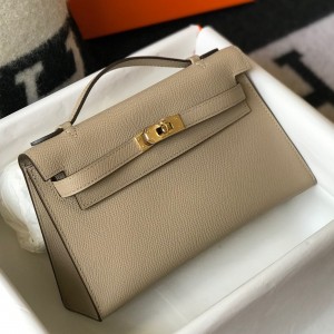 Hermes Kelly Pochette Clutch In Gris Tourterelle Epsom Leather