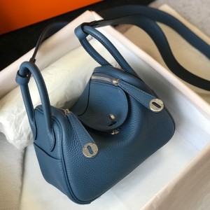Hermes Lindy Mini Bag in Blue Agate Clemence Leather with PHW