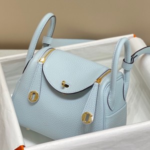 Hermes Lindy Mini Bag in Blue Brume Clemence Leather with GHW