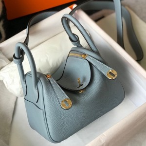 Hermes Lindy Mini Bag in Blue Lin Clemence Leather with GHW