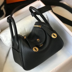 Hermes Lindy Mini Bag in Black Clemence Leather with GHW