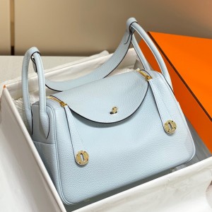 Hermes Lindy 26cm Bag in Blue Brume Clemence Leather with GHW