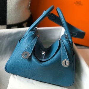 Hermes Lindy 26cm Bag in Blue Jean Clemence Leather with PHW