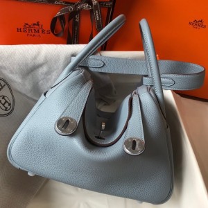 Hermes Lindy 26cm Bag in Blue Lin Clemence Leather with PHW