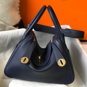 Hermes Lindy 26cm Bag in Navy Blue Clemence Leather with GHW