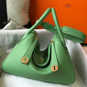 Hermes Lindy 26cm Bag in Vert Cypres Clemence Leather with GHW