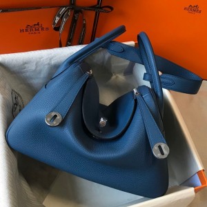 Hermes Lindy 30cm Bag in Blue Agate Clemence Leather with PHW