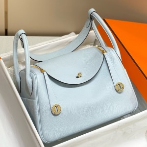 Hermes Lindy 30cm Bag in Blue Brume Clemence Leather with GHW