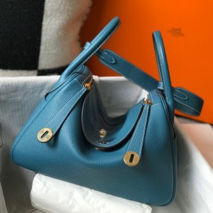 Hermes Lindy 30cm Bag in Blue Jean Clemence Leather with GHW