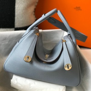 Hermes Lindy 30cm Bag in Blue Lin Clemence Leather with GHW