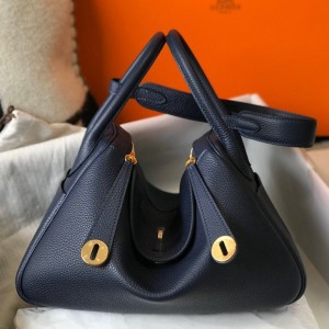 Hermes Lindy 30cm Bag in Dark Blue Clemence Leather with GHW