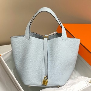 Hermes Picotin Lock 18 Bag in Blue Brume Clemence Leather with GHW