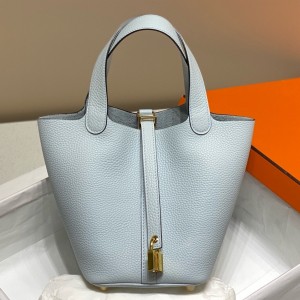 Hermes Picotin Lock 12 Bag in Blue Brume Clemence Leather with GHW