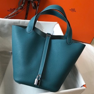 Hermes Picotin Lock 12 Bag in Blue Jean Clemence Leather with PHW