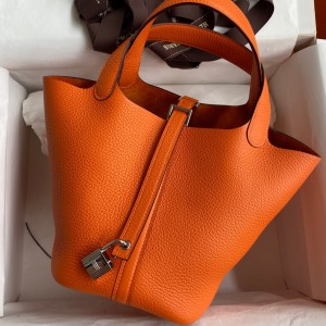 Hermes Picotin Lock 18 Handmade Bag in Orange Clemence Leather