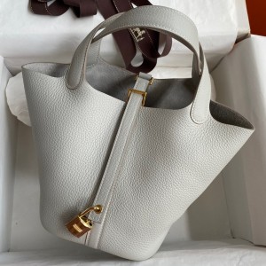 Hermes Picotin Lock 18 Handmade Bag in Pearl Grey Clemence Leather
