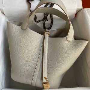 Hermes Picotin Lock 22 Handmade Bag in Pearl Grey Clemence Leather