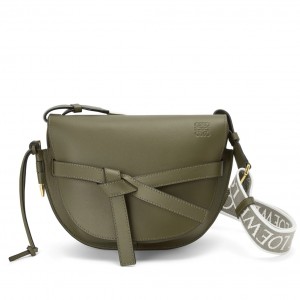 Loewe Gate Small Bag in Green Calfskin with Jacquard Shoulder Strap