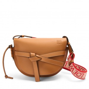 Loewe Gate Small Bag in Brown Calfskin with Jacquard Shoulder Strap