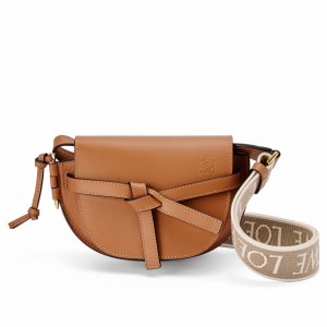 Loewe Gate Dual Mini Bag in Tan Calfskin with Jacquard Shoulder Strap