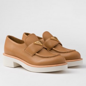 Prada Women's Loafers in Brown Grained Leather 